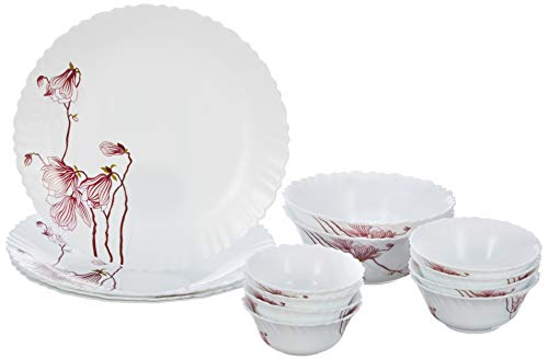Image of Larah by Borosil Opalware Dinner Set Microwave & Dishwasher Safe | Bone-Ash Free | Crockery Set for Dining & Gifting | Plates & Bowls (Lily Blossom, 14pc)