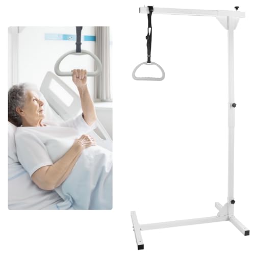 Bed Trapeze Bar,Heavy Duty Steel,Trapeze Bar for Bed Mobility,Load Capacity 300 LBS,Free Standing Adjustable Height,Suitable for Hospital, Bedroom Mobile Pull Up Aid (White, 29.3