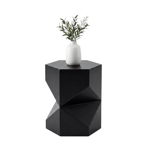 COSIEST MgO Concrete Side Table, 18 Inch Hexagonal Geometric Outdoor End Accent Table, All-Weather Patio Garden Stool, Modern Plant Stand & Coffee Table for Balcony Backyard, Black, 1 Pack