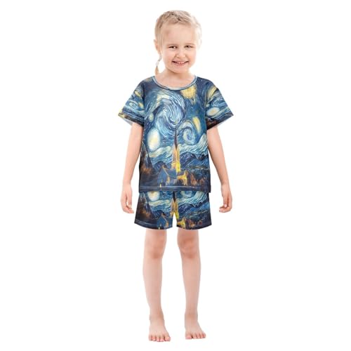 ALAZA Starry Sky House Van Gogh Pajamas Set Short Sleeve Cotton Sleepwear Summer Pjs 2 Piece 5-14Y3
