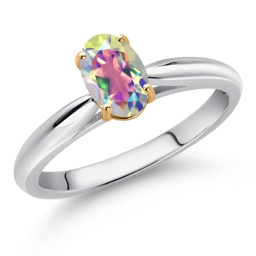 Gem Stone King 925 Sterling Silver and 10K Yellow Gold Mercury Mist Mystic Topaz Solitaire Engagement Ring For Women (1.00 Cttw, Oval 7X5MM, Gemstone Birthstone, Available In Size 5, 6, 7, 8, 9)2