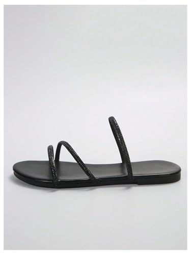 GORGLITTER Women's Rhinestone Strappy Sandals Dress Open Toe Flat Slip on Slide Sandal4