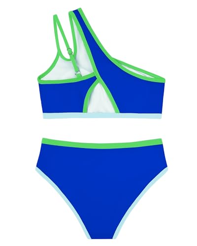 Image of Redair Girls Swimsuit Two Piece One Shoulder Bathing Suit with Chest Pad Color Block Bikini 7-16 Years