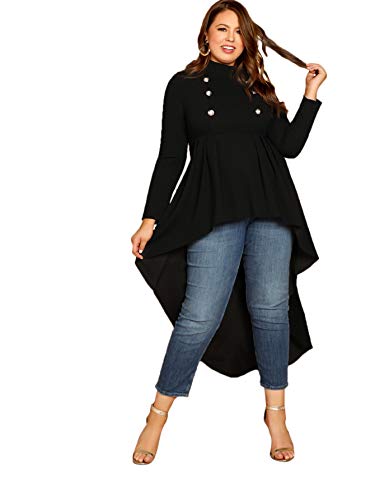 Romwe Women's Plus Vintage Mock Neck Double Breasted Detail Asymmetrical Dip Raw Cut Hem Long Sleeve Flare Peplum Ruffle Blouse Shirts Top Blouse Black 2X Romwe Women's Plus Vintage Mock Neck Double Breasted Detail Asymmetrical Dip Raw Cut Hem Long Sleeve Flare Peplum Ruffle Blouse Shirts Top Blouse Black 2X