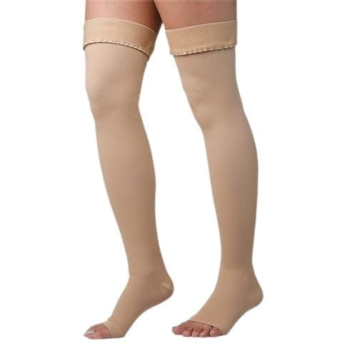 Unisex Thigh High Compression Socks – Circulation Support Stockings with Graduated Pressure, 20-30 mmHg – Open Toe, Thigh High Compression Stockings – Compression Leggings by Lemon Hero, Medium, Beige
