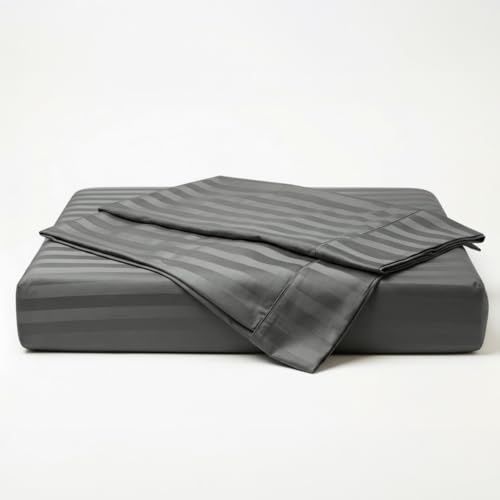Image of LANE LINEN 100% Cotton Super King Elastic Fitted Bedsheet with 2 Pillow Cases | Damask Stripe 3pc Bedding Set- 1.83M x 1.98M + 30cm Deep Pocket | Breathable Fabric | Oeko-TEX Certified - Charcoal