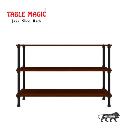Image of TABLE MAGIC Jazz Shoe Rack Wooden Organizer | 3-Tier Multipurpose Shoes Stand for Home Wooden Shelves with & Steel Frame, Space-Saving Home Organizer, D30 x W60 x H46cm - Mahogany