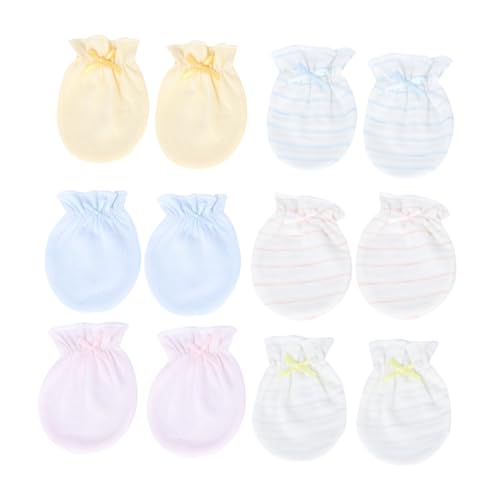 CLISPEED 6Pairs Cotton Mittens Scratch Gloves with Elastic Cuff Soft and Comfortable Newborn Gloves Striped Patterns for Daily Use