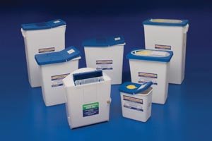 COVIDIEN/MEDICAL SUPPLIES PHARMASAFETY SHARPS DISPOSAL CONTAINERS Waste Disposal Container, 12 Gal, Lid & Absorbent Pad, 18¾"H x 12¾"D x 18¼" W, 10/cs (12 cs/plt)