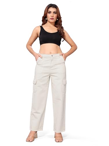 Image of ELLITI Women's 6 Pocket Regular Fit High Rise Relaxed /Boyfriend Fit, Wide Leg, Bell Bottom, Pure Denim Ankle Length Jeans Pants