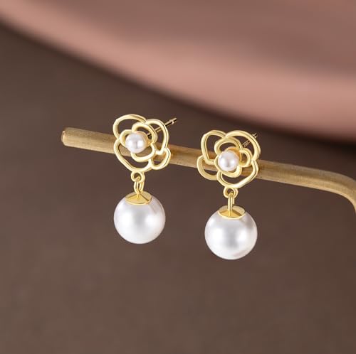 Reffeer Solid 925 Sterling Silver Imitation Pearl Drop Earrings for Women Teen Girls Pearl Flower Drop Earrings Wedding4