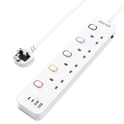 Mscien Extension Lead with USB Slots 1M 4 Way Switched Extension Lead with Wall Mount Overload Protection Power Strip USB-C Slots for Home Office 13A/3250W