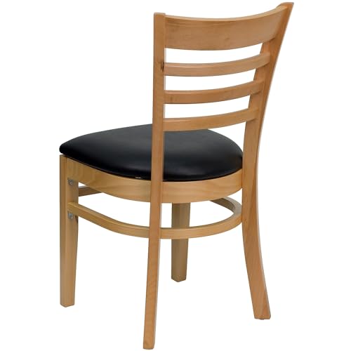 Image of Flash Furniture HERCULES Series Ladder Back Natural Wood Restaurant Chair - Black Vinyl Seat