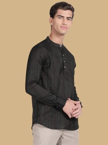 Image of KRYPTIC Men's Full Sleeve Regular Fit Short Kurta in Premium Pure Cotton with Patch Pocket and Mandarin Collar - Perfect Blend of Style and Comfort