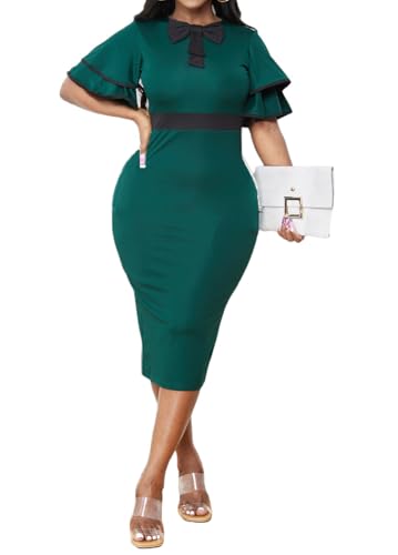 Image of Xinlees Women's Bodycon Pencil Dress Sexy Short Ruffles Sleeve Clubwear Basic Fitted Outfits Casual Midi Dresses