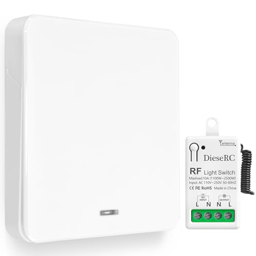 DieseRC Interrupteur de Lumière Sans Fil, Interrupteur émetteur RF pour Panneau Mural de type 86 et Contrôleur-récepteur à Relais de 10 A, pour des Lumières Jusqu'à 1500 W