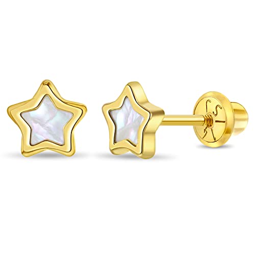 14k Yellow Gold Mother of Pearl Star Screw Back Earrings For Young Girls and Toddlers - Elegant Mother of Pearl Earrings For Girls - Special Star Shaped Accessories for Little Girls