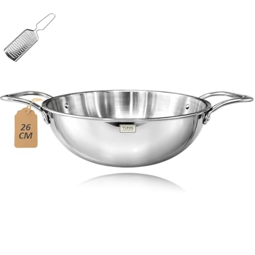 Image of TUNIS 26 cm (3.3 L) Tri-ply Stainless Steel Kadai wih Dual Handles | Heavy Gauge Induction & Gas Compatible | Tri-Ply Bottom Deep Cooking Kadhai for Frying, Sauteing & Curries | Silver