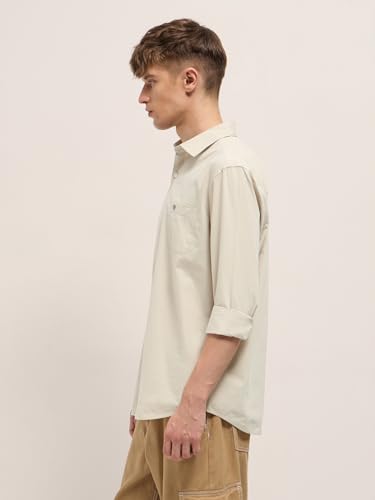 Image of THE BEAR HOUSE Men's Beige Slim Fit Solid Cotton Casual Shirt