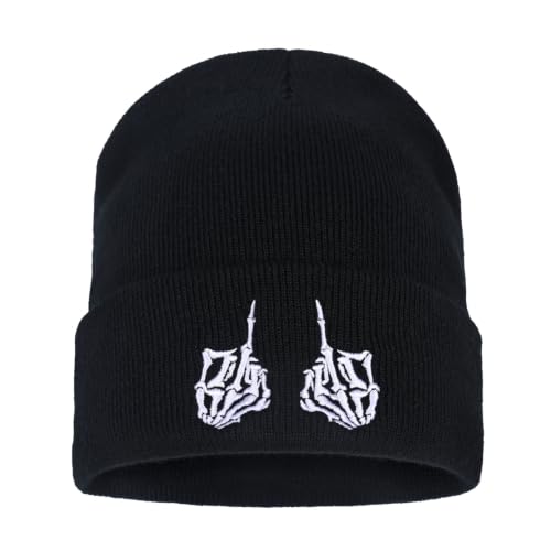 Image of Embroidered Skeleton Beanie Hat Winter Stretch Knit Skull Cap for Men Women