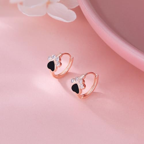 SLUYNZ Sterling Silver CZ Paw Earrings Hoop for Women Teens Cat Dog Paw Print Earrings Small Paw Hoop Earrings Huggie Black Heart Hoop Earrings Love4