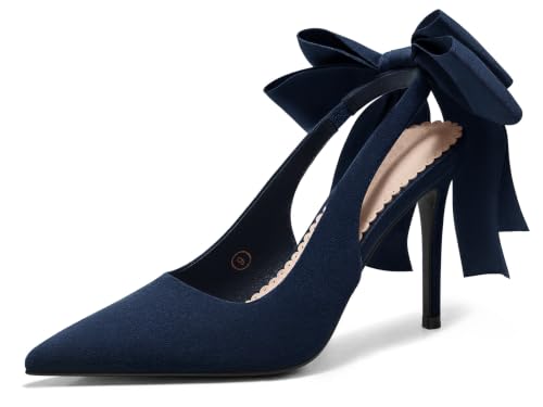 Image of Coutgo Womens Slingback High Heels with Bow Closed Pointed Toe Wedding Bride Dress Shoes Satin Pumps