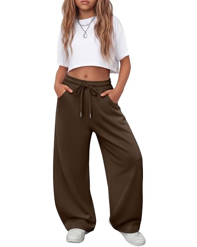 LessonZoo Girls Sweatpants 5-16y Baggy Barrel Pants Teen Wide Leg Open Bottom Casual Drawstring Soft Sweat Pants with Pockets(11-12 Years Brown)