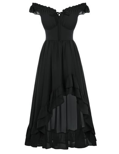 Scarlet Darkness Renaissance Corset Dress for Women Off Shoulder Flowy Sundress Wedding Guest Chiffon Dresses Black L