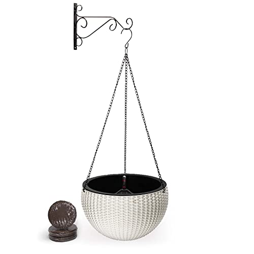 YEHIKO Set Maceta Colgante Autorriego 26cm – Maceta Exterior – Tiesto Plantas Interior – Decoración Jardin Hogar Balcon Terraza -Soporte y Cadena – Macetero Colgante Pared – Tierra de Coco (Blanca)