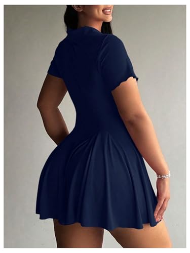 Image of RoseSeek Women's Plus Size Ribbed Knit Golf Dress Button Front Short Sleeve A Line Collared Shirt Dresses
