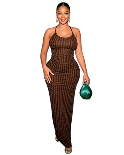 Image of RARITYUS Women's Lace Up Bodycon Maxi Dress Sexy Low Cut Backless Sleeveless Textured Long Party Club Dresses