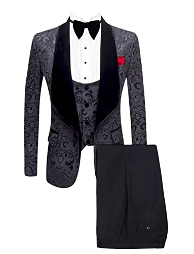 Men's Jacquard Three Pieces Suit Shawl Lapel Wedding Formal Jacket & Vest & Pants Tuxedos