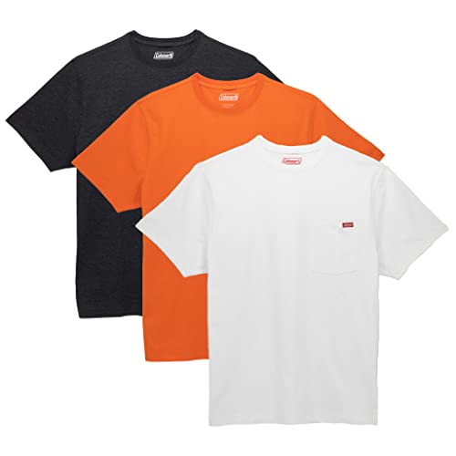 Coleman Mens Workwear Performance Short Sleeve Cotton T-Shirts Multi Color Quality Value 3-Pack Off White/Black Heather/Tangerine Medium