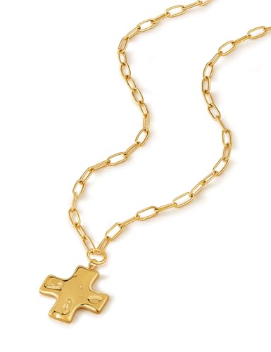 Chunky Gold Cross Necklace Jewelry for Women, Statement Hammered Cross Pendant Gold Plated Stainless Steel Non Tarnish Paperclip Necklaces for Women Trendy