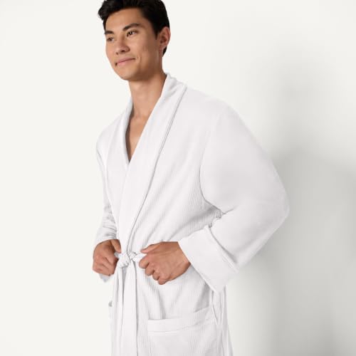 Image of Amazon Essentials Men's Lightweight Cotton Waffle Bath Robe, Mid-Length Loungewear (Available in Big & Tall)