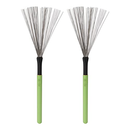 Drum Brushes, 1 Pair Steel Wire Drum Stick Brush with Wooden Handle for Jazz, Rock, Acoustic, Portable Percussion Brushes for Drummer Playing, Beginner Practicing, Rock Bands (Green)