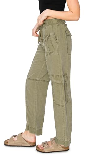Cali1850 Women's Relaxed Fit Comfortable Mid Rise Washed Linen Straight Leg Cargo Pants with Elastic Band2