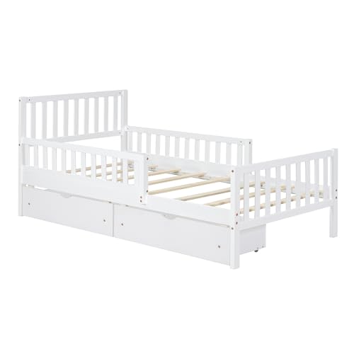 SOFTSEA Cute Twin Platform Bed Frame for Boys Girls with Guardrail and Storage Wood Bed Frame with Drawers for Storage, Wood Slats and No Box Spring Needed, White