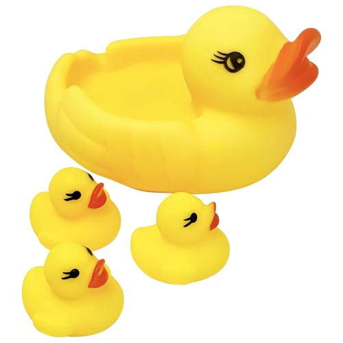 4Pcs Rubber Duck Family Set, Floating Bathtub Pool Toys for Toddlers, Fun Time Bath Toys, Soft Rubber Ducks with Beep Sound, Stocking Fillers, Kids Summer Toys 36+ Months