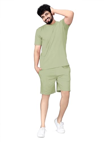 Image of ELLITI Cotton Blend Solid Casual Round Neck Half Sleeve Oversized Co-ord Set Men's, Pyjama Set, Sleepwear Loungewear T-Shirt and Shorts Combo for Men, Night Wear for Men, Night Suit for Men's