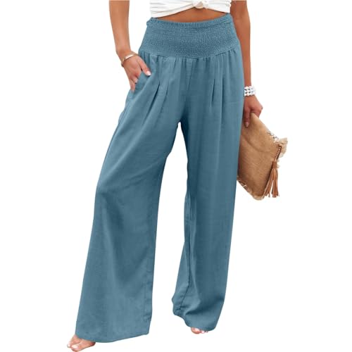 2026 Spring Boho Wide Leg Pants – High Waisted Flowy Palazzo Design in Linen Blend with Smocked Waist & Pockets, Perfect for Bohemian Outfits, Hippie Clothing, Beach Travel & Casual Summer Wear