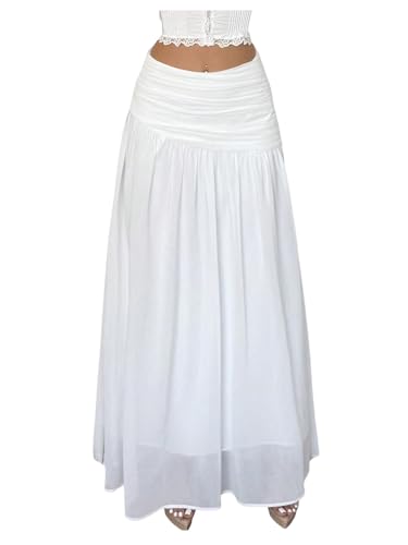 Women's Ruched Ruffle Layered Maxi Skirts Elegant Sheer Mesh Flowy Vacation A Line Long Skirt