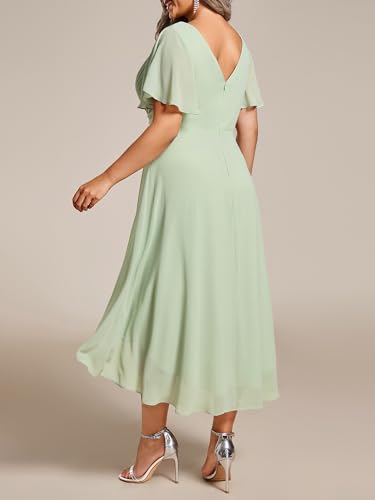 Image of Ever-Pretty Plus Summer Short Sleeves V-Neck Formal Wedding Guest Dresses for Curvy Women Chiffon Midi Cocktail Party Dress