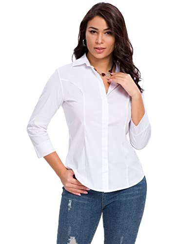 Womens Button Down Shirts Official Formal 3/4 Sleeve White Stretch Blouse Summer Dress Shirt2
