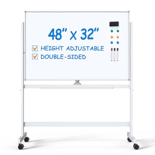 Image of Large Dry-Erase Rolling Magnetic Whiteboard - 48 x 32 Inches White Board Height Adjust Double Sides Mobile Portable Easel on Wheels, Dry Erase Board with Stand for Office, Home & Classroom