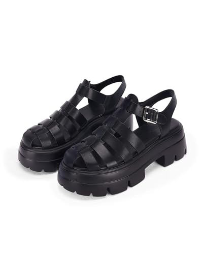 Coutgo Womens Platform Fisherman Sandals Chunky Lug Sole Heels Gladiator Ankle Strap Closed Toe Sandal Summer Y2K Shoes Black