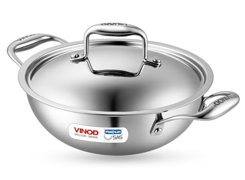 Vinod Platinum Triply Stainless Steel Kadai with Lid - 3.2 L, 26 cm | 2.5mm Thick Base, Even Heating...