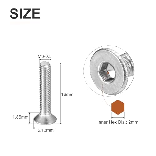 Image of DTGN M3-0.5 x 16mm Flat Head Socket Cap Screws, 100 Pack 304 Stainless Steel Hex Socket Flat Head Screws, Full Thread, Countersunk Bolts