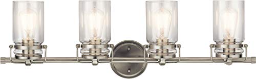 Image of Kichler Brinley 32.25 inch Vanity Light in Brushed Nickel, 4-Light Farmhouse Bathroom Vanity Light with Clear Glass, (32.25 inch W x 10 inch H), 45690NI