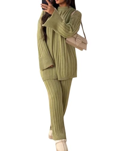 Women's 2 Piece Fall Outfits Long Sleeve Knit Pullover Sweater and Wide Leg Pants Lounge Set